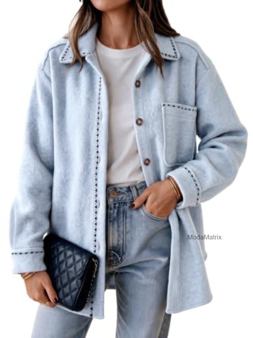 Wool Blend Oversized Shacket Jacket Button Chest Pockets Fall Casual